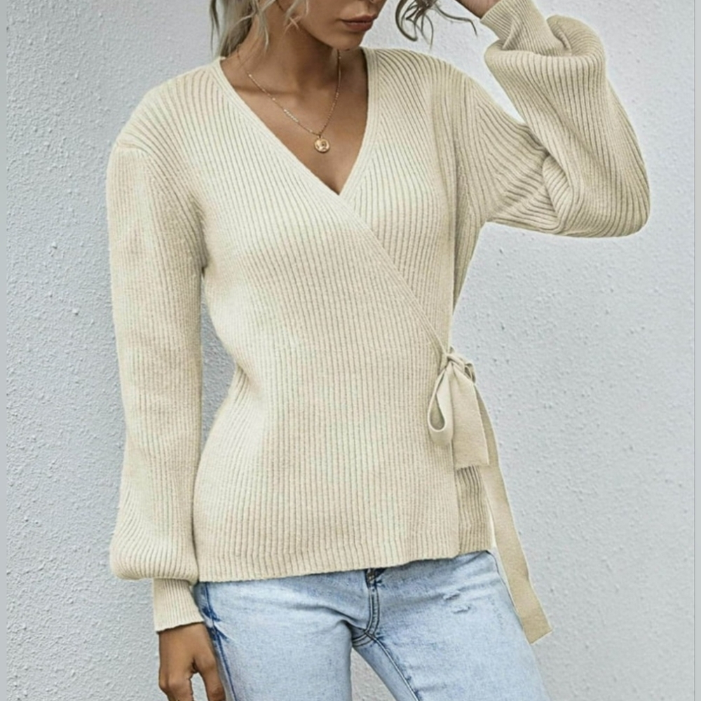 Oatmeal Ribbed Wrap Sweater Size S